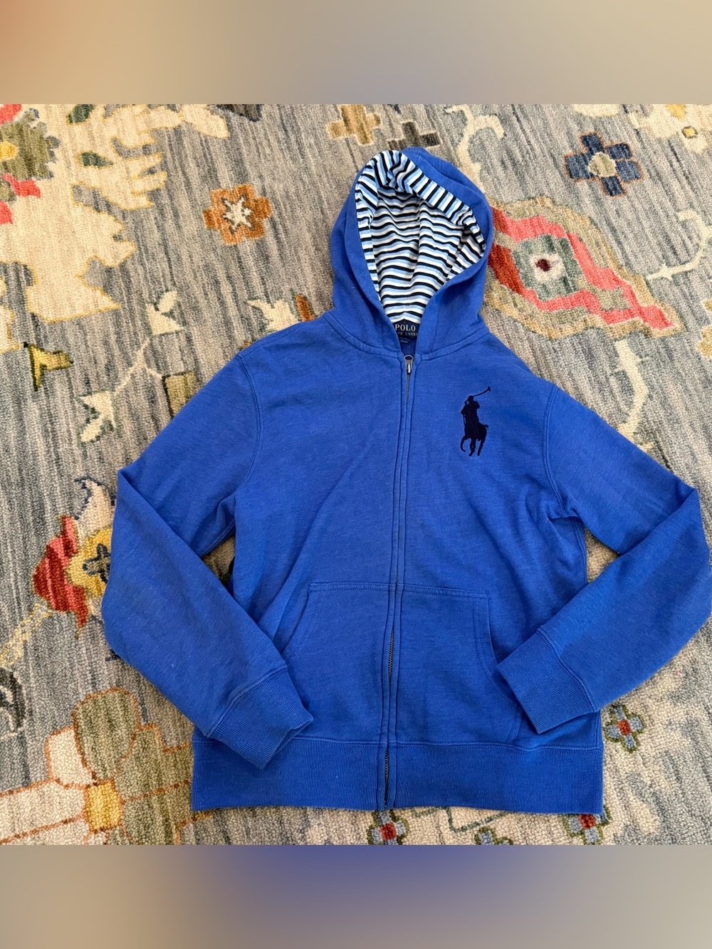 Polo Ralph Lauren Boys Size Large 14-16 Blue Patchwork on back Zip Hoodie Jacket